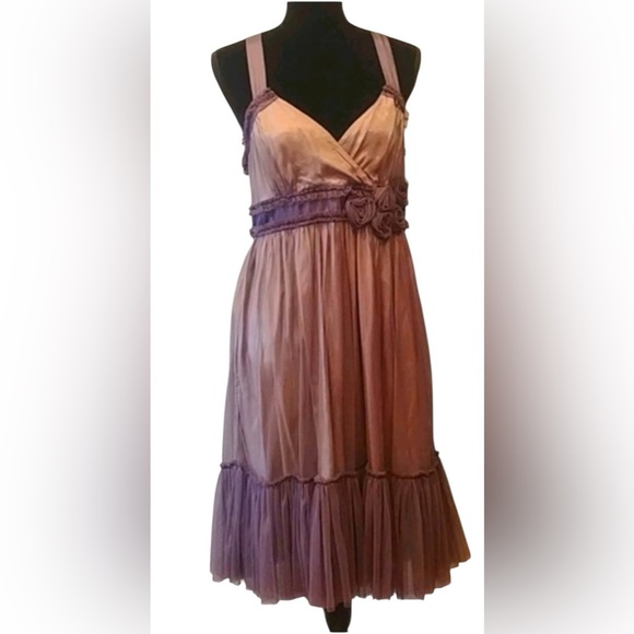 Anthropologie Elegant Brown Satin Dress with Floral Detail Size 8 - Picture 1 of 9
